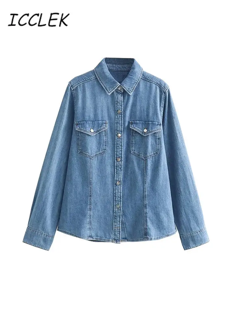 

Джинсовая рубашка Traf, куртка, винтажная ярлык, новинка 2023, голубая рубашка и блузка, осенняя прямая женская повседневная куртка с карманами, Топ