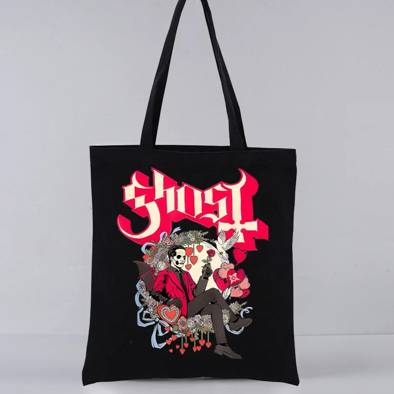 Ghost Band aesthetic grunge Metal Harajuku Shopping Black Bags Canvas Tote Bag Mom Reusable Cloth Bag Handbag Shoulder Bags custom factory direct customized name engraved metal handbag plate logo for bags