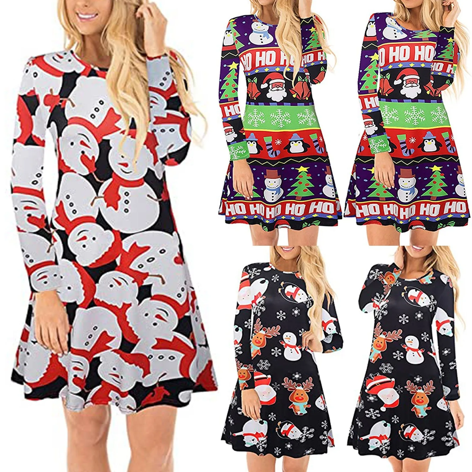 

Женское рождественское платье-футболка с длинным рукавом и круглым вырезом