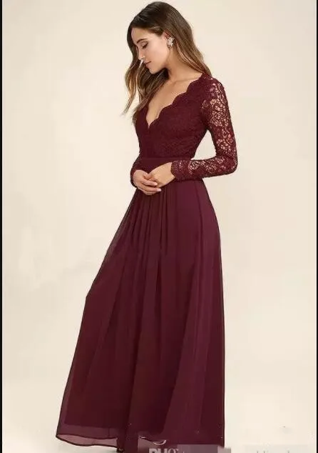 

Long Sleeves Western Country Style V-Neck Backless Long Beach Lace Top Wedding Party gown Burgundy Chiffon Bridesmaid Dresses