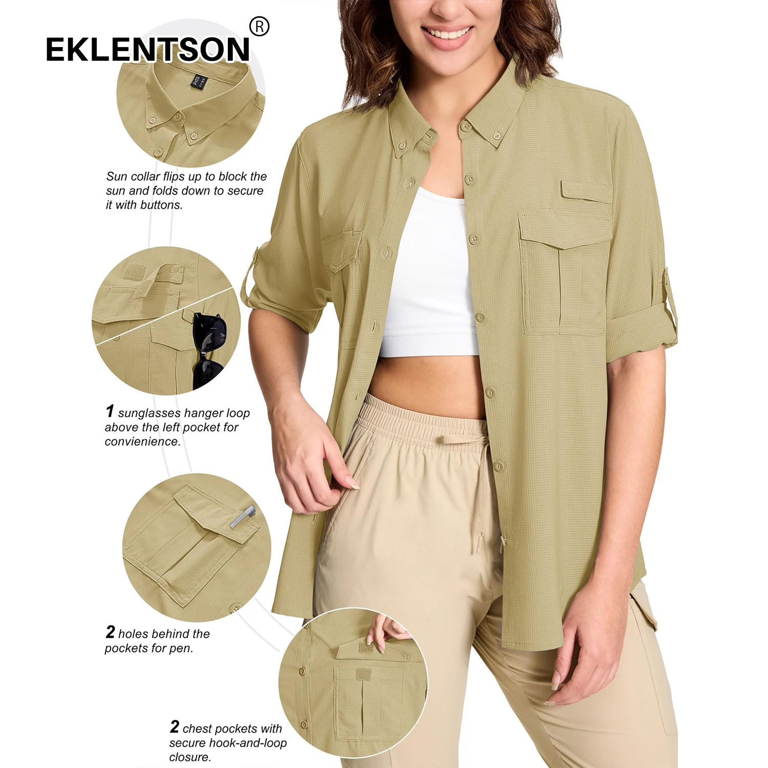 Fishing Shirts EKLENTSON Sun Protection Fishing Shirt Women's Long Sleeve Button Down Shirts Quick Dry Cooling Hiking Safari Tops