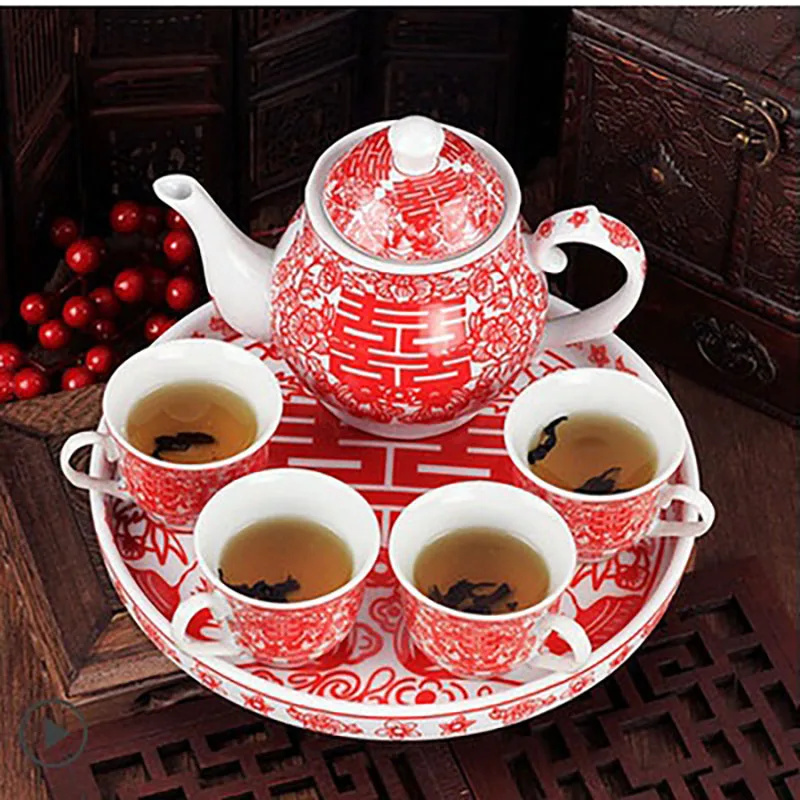 Chinese Tea Gift Set Service, Porcelain Tea Pot, Cups Tray for Newlywed Tea Ceremony, Wedding Party, Home Decor, Double Happin