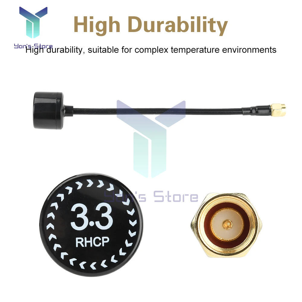 Antenne FPV 4.5dBi 160mm 3.3GHz SMA posée à côté d'un drone, illustrant sa taille compacte