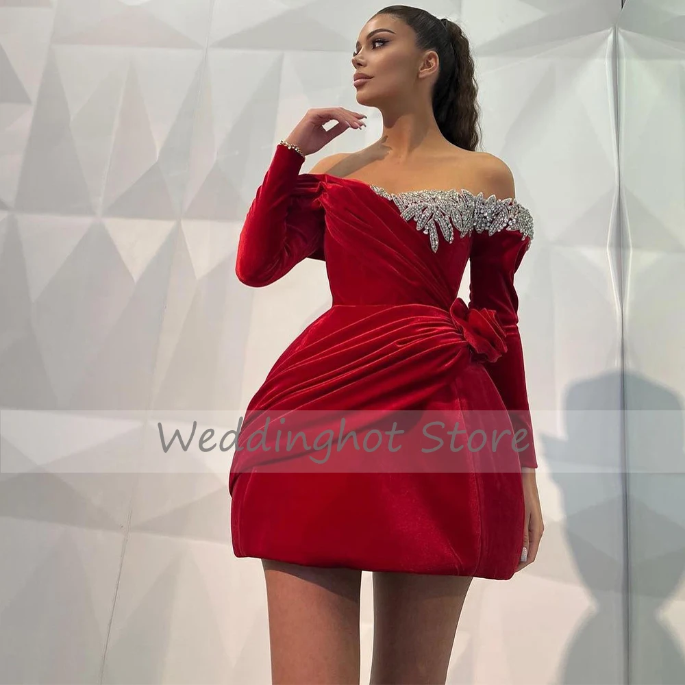 Red Velvet Cocktail Dress cocktail dress Mini Off the Shoulder Long Sleeves Gown Short Sparkle Crystal A Line Sexy Birthday Party
