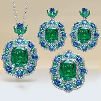 Europe America Luxury Platinum Plated Jewelry Sets Fashion Women Bridal Square Green Stone Pendant Necklaces Earrings Rings Sets 1