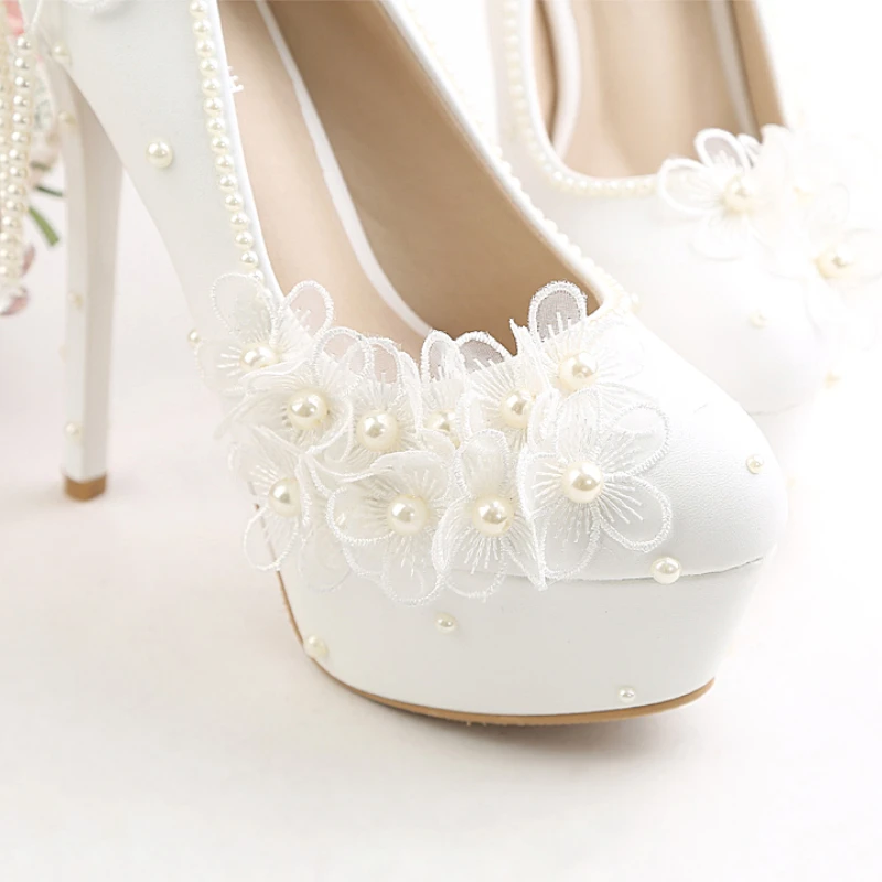 Wedding Shoes New White Pu Leather Lace Flower Bride Dress Pumps Super High Heels Slip-on Round Tole Pearl Tassel Stiletto 14cm