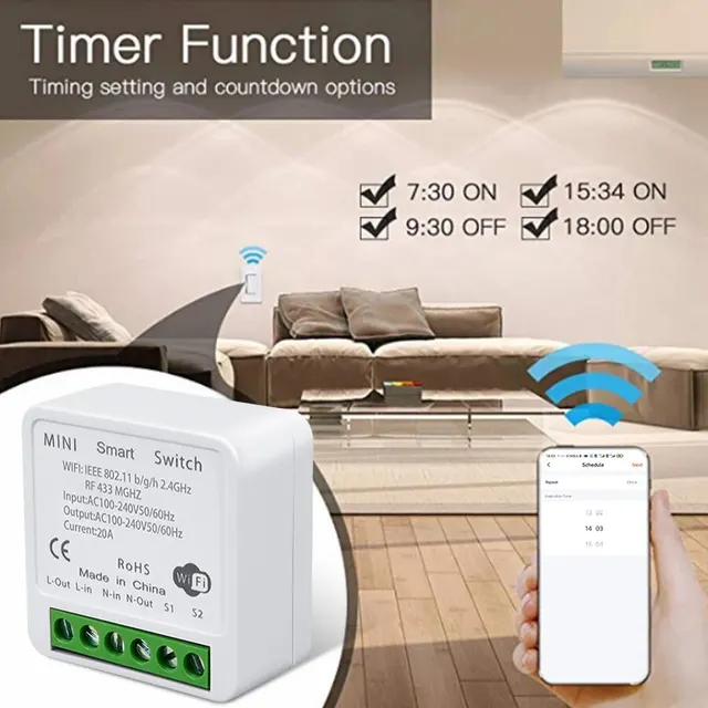 20A Tuya WiFi Mini DIY Smart Switch Module 2-way Control 433MHz Work with Tuya Smart Life App Alexa Google Home Voice Control 5
