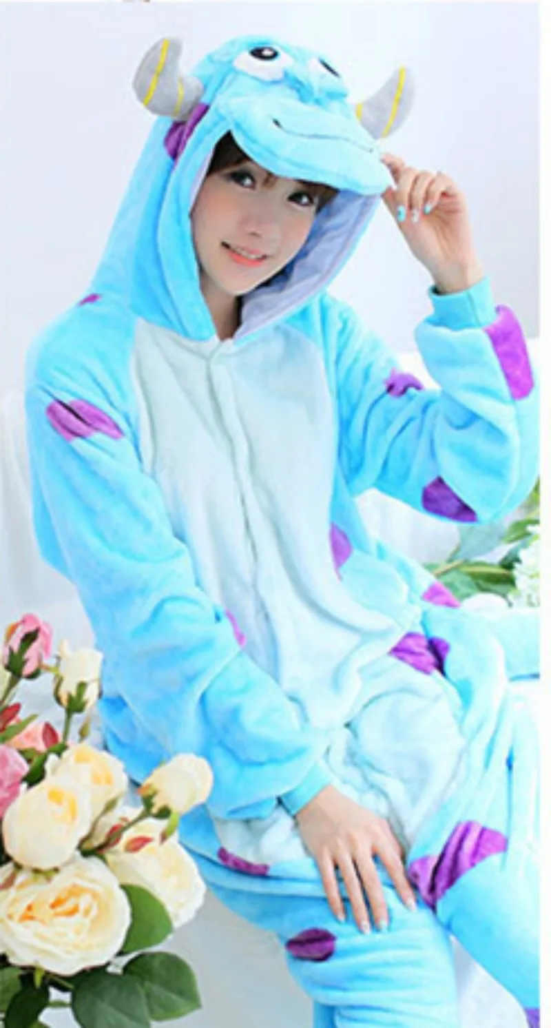 Winter Cosplay Adult Blue Green One-Piece Loose Fitting Animal Cartoon Pajamas Hooded Button Type Costume Length To Ankle  