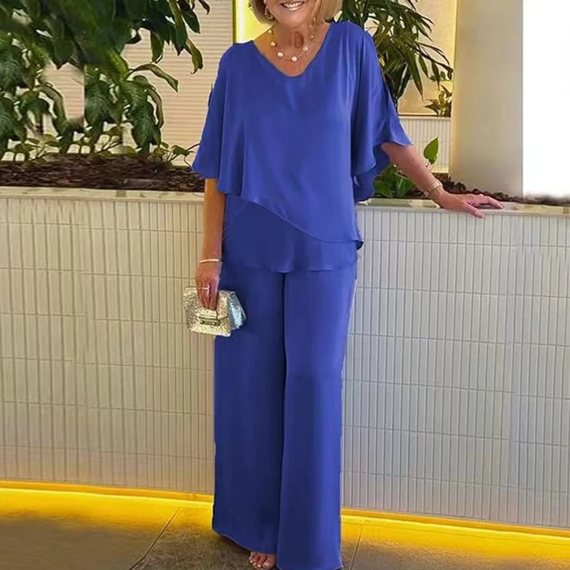 

Женский Повседневный комплект с V-образным вырезом, летний Многоцветный комплект с топом с коротким рукавом и длинными брюками, элегантный асимметричный уличный наряд