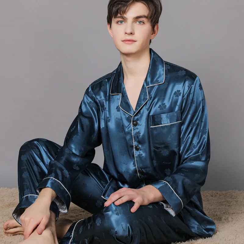 Dehman Men's Nightwear Black Silk Pajama Set Mens Men Ice Silk