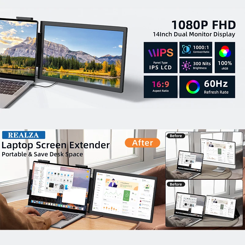 14인치 1920 x 1080P FHD 우측 확장형 휴대용 모니터 16:9 USB-C 3.2 IPS LCD 외장 모니터 (14-16.5인치 노트북용)