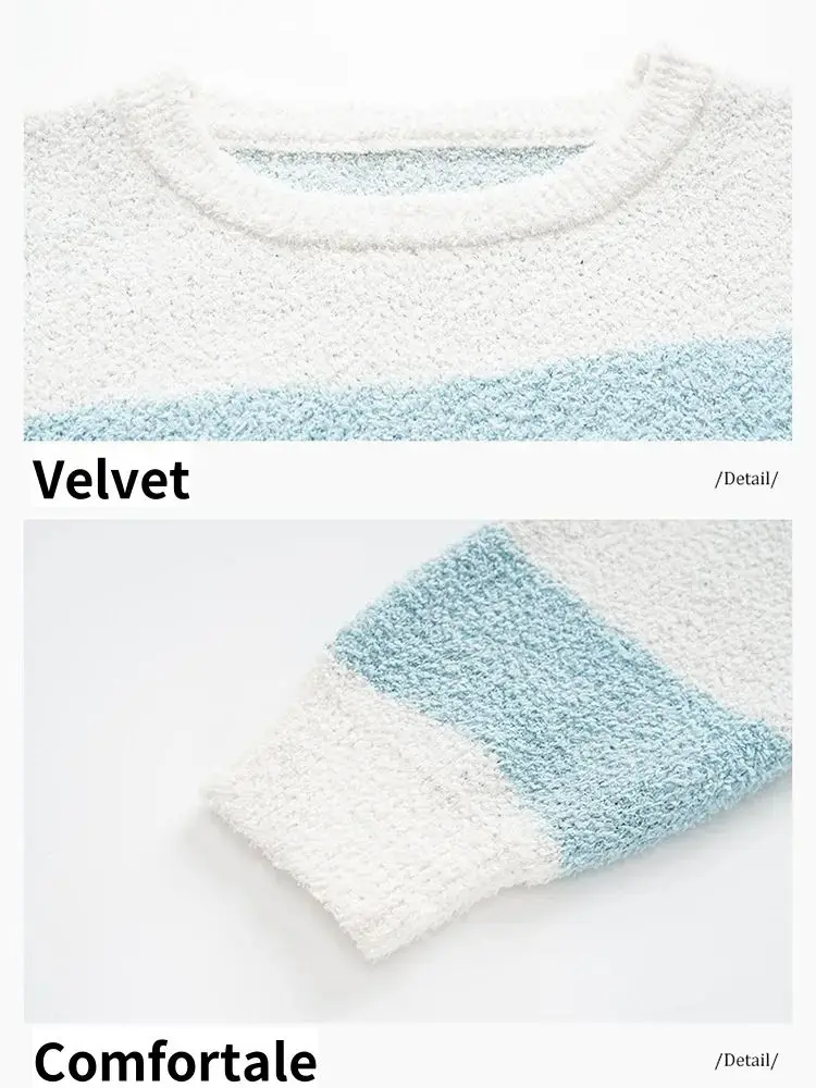 Couple Men Women Autumn Winter Pajamas Velvet Thickened Coral Velvet Fresh Stripes Can Be Worn Out Household Clothing