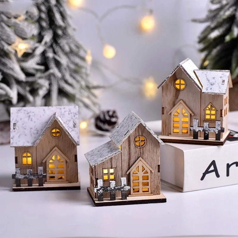 

Year Decorations Christmas Gifts For Xmas Ornaments Merry LED Light House Tree Christmas Kids Home DIY New Cabin Luminous Wooden
