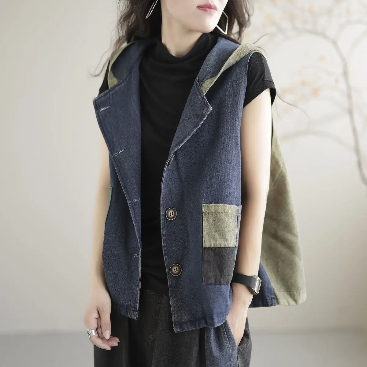 Patchwork Denim Vest Women Big Size Sleeveless Hooded Jacket Cardigan Vintage Waistcoat Casual Loose Tops Women Clothing