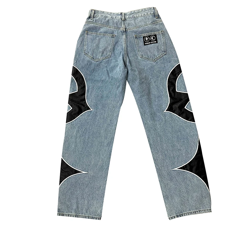 

2023 Brand New Thug Club Pu Leaher Embroidery Patchwork Jeans Cotton Denim Pants Comfort Casual Jeans Size Cargo S-3XL #650
