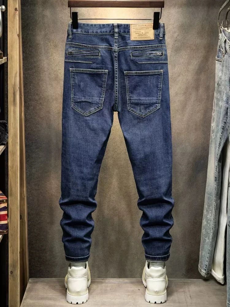 High Street Fashion Men Jeans Retro Blue Elastic Stretch Slim Fit Patched Ripped Jeans Men Zipper Pocket Designer Hip Hop Pants