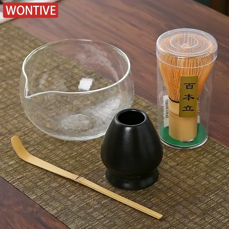 4pcs Matcha Tea Set Bamboo Whisk Scoop Glass Matcha Bowl Traditional Indoor Handmade Tea-making Tools