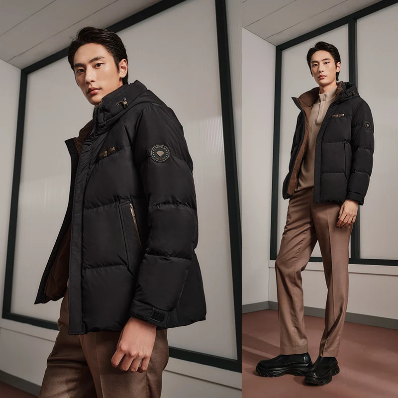 Chericom Men's Winter Down Jacket Short Hooded Contrasting Color Splicing Casual Puffer Jacket Thick Warm Padded Coat 299659
