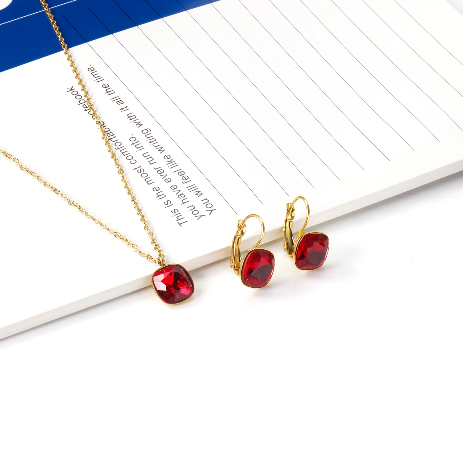 Square Crystal Pendant Necklace Earrings Set Stainless Steel Jewelry Set For Women Party Gift