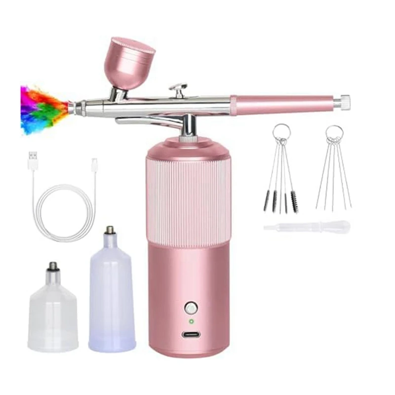 

Airbrush Set - Handheld Airbrush Compressor Rechargeable Pink Metal For Nail Art, Cosmetics, Cake Decorating