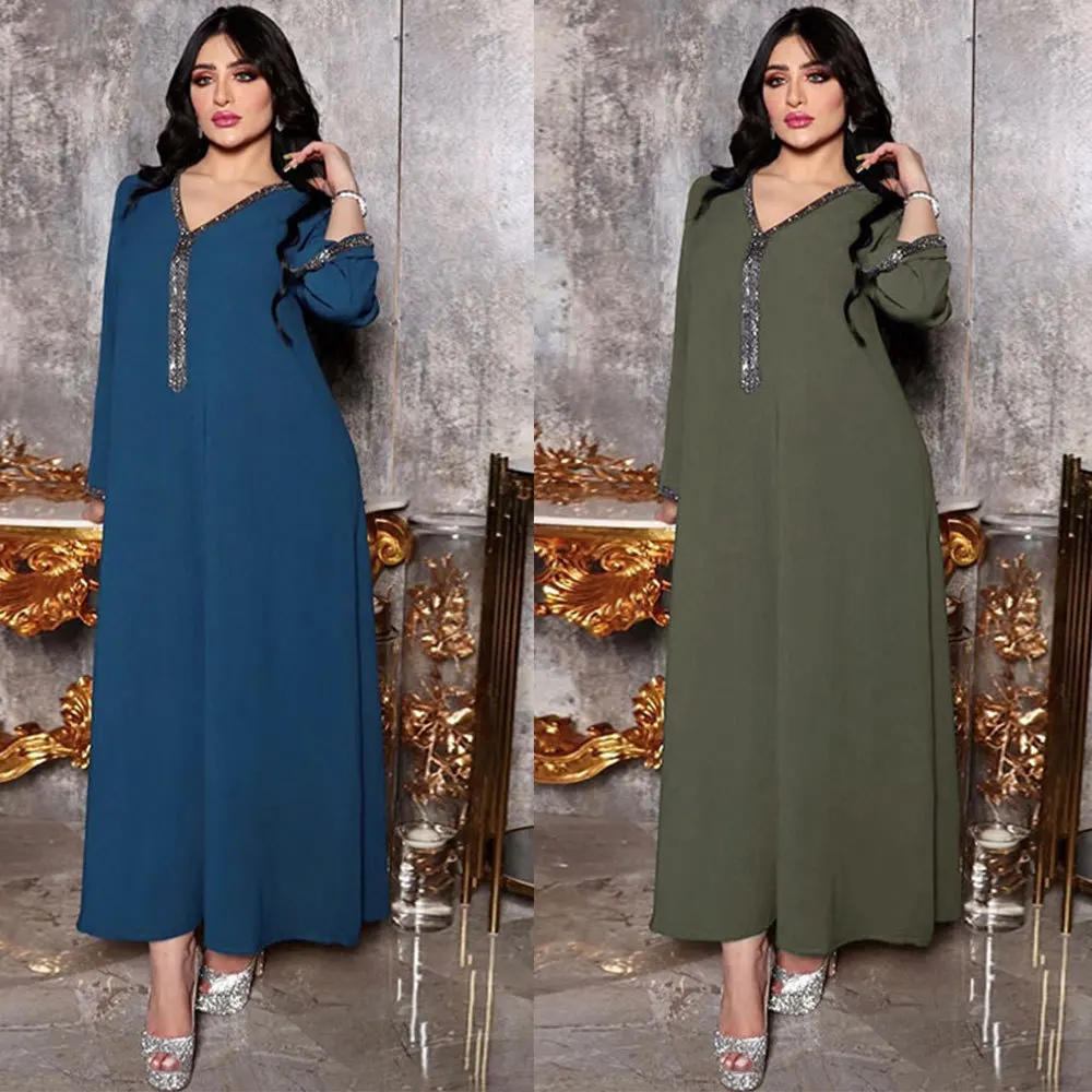 Diamond Tape V Neck Trim Ethnic Abaya Dress for Women Dubai Turkey Arab Oman Morocco Caftan Brief Casual Muslim Robe