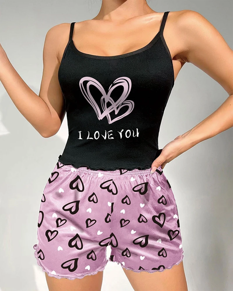 Women's Milk Silk Pajamas Set Summer Sleeveless Heart Print Shorts Sleepwear Sexy Comfortable Loungewear Two Piece
