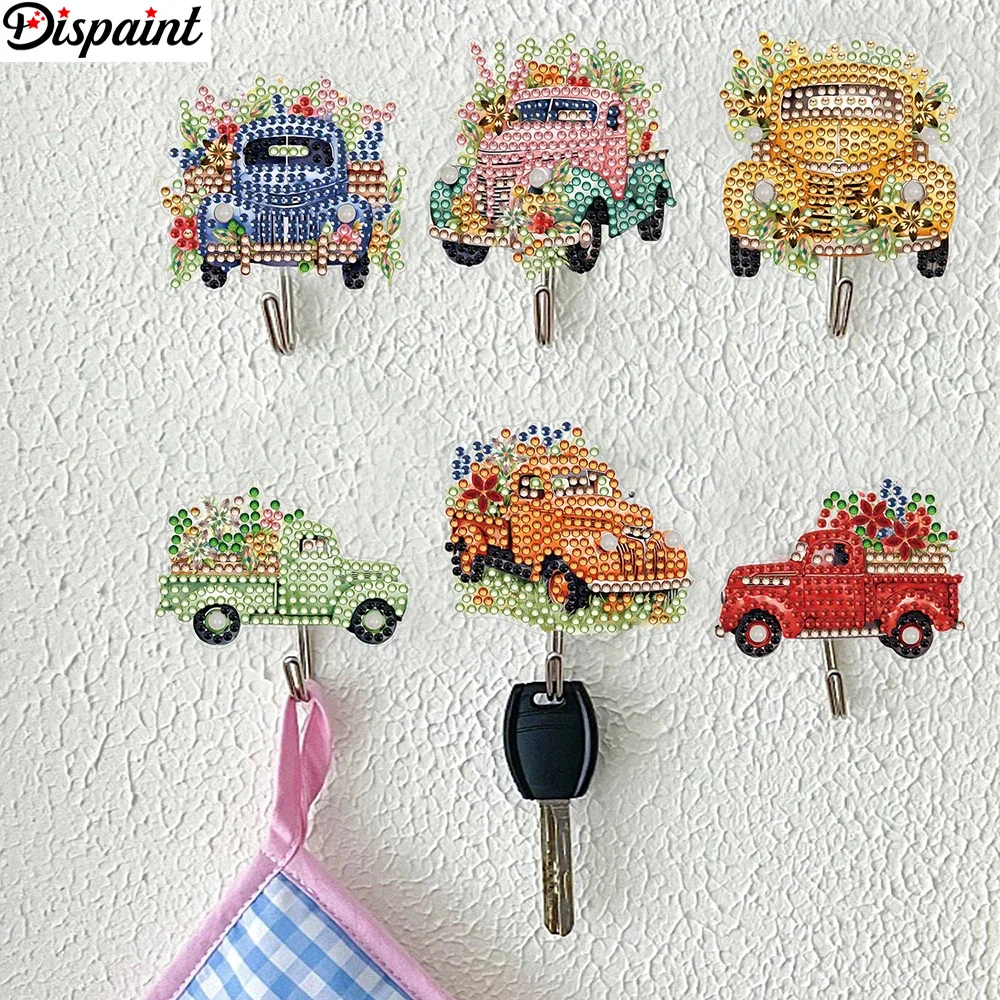 

Dispaint 6pcs/set DIY Crystal Wall-mounted Key Hook Kit Special-shaped Car Diamond Painting Rhinestone Embroidery Home Decor Gif