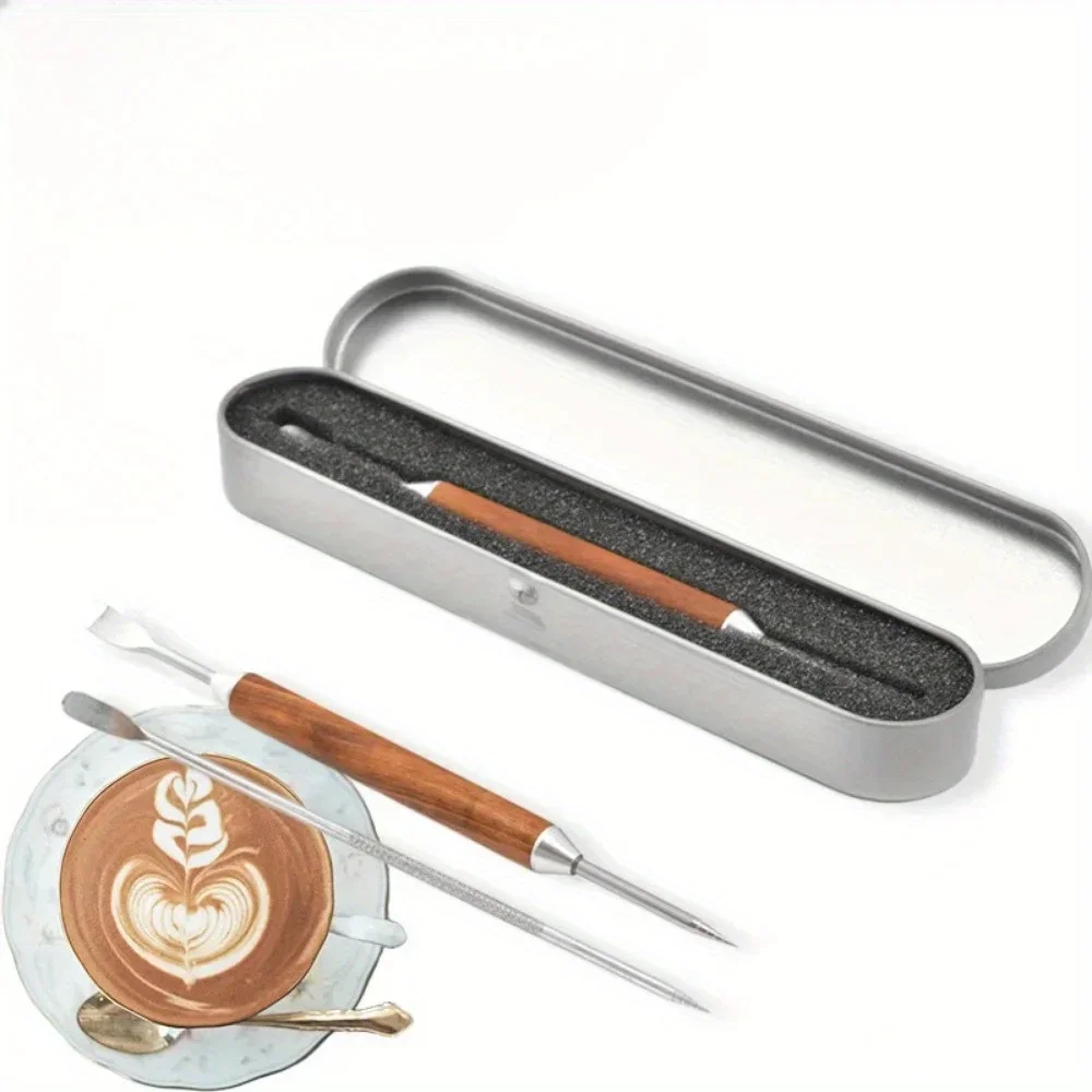 1PC Latte art Pen Coffee Needle Carved and Mounted Artifact Solid Wood Hook Needle Milk Foam Stainless Steel Drawing