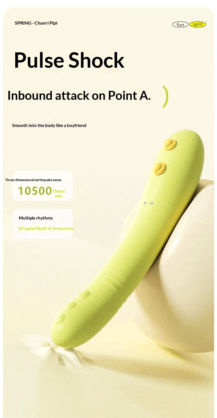 Green massager product display with split design, character-inspired feature, and discreet storage style