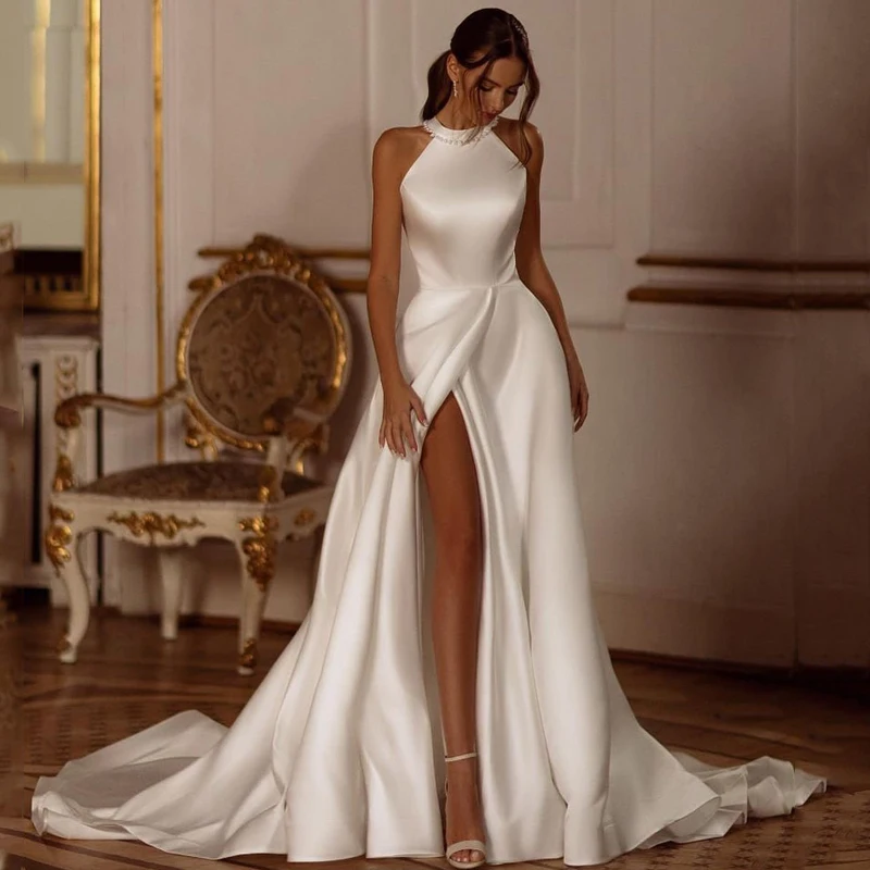 

UZN White A-Line Wedding Dresses Halter Neck High Split Backless Bridal Gowns Boho Beach Sweep Train Wedding Gowns Custom Size
