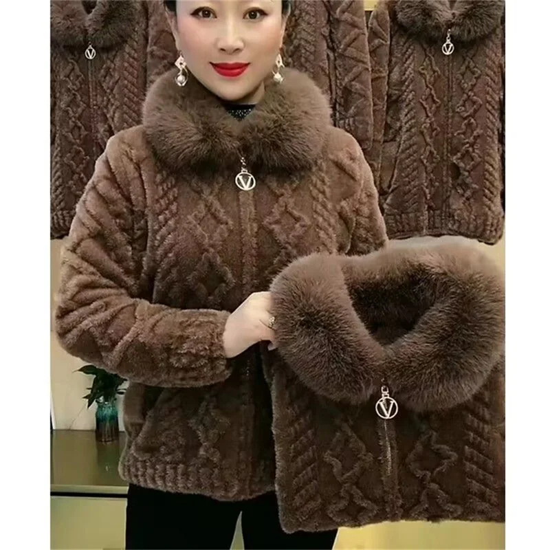 

Large Fur Collar Gold Mink velvet zipper thicke Warm Top Women's Short Jacket Winter long sleeved versatile Slimming Cardigan5XL