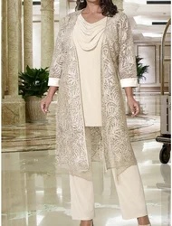 Elegant Jumpsuit / Pantsuit 3 Piece Mother of the Bride Groom Dress Wedding Guests Cowl Neck Chiffon Lace Wrap 2023