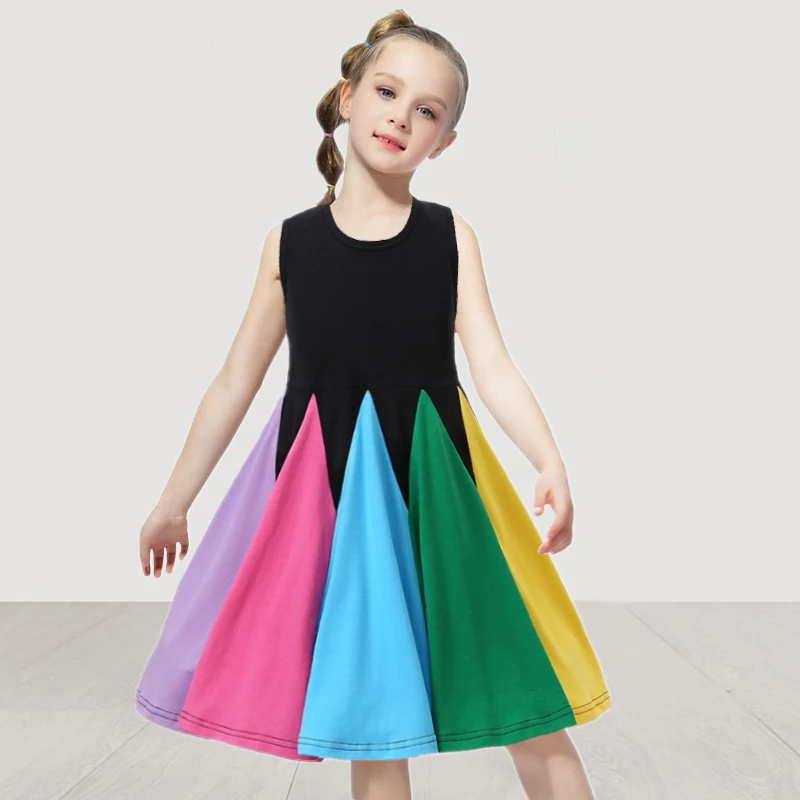 Girls Dress 2022 Summer Fashion Girls Princess Dress Rainbow Color Short Sleeve Cotton Patchwork 2-6T Girls Voile Tutu Dresses children dress