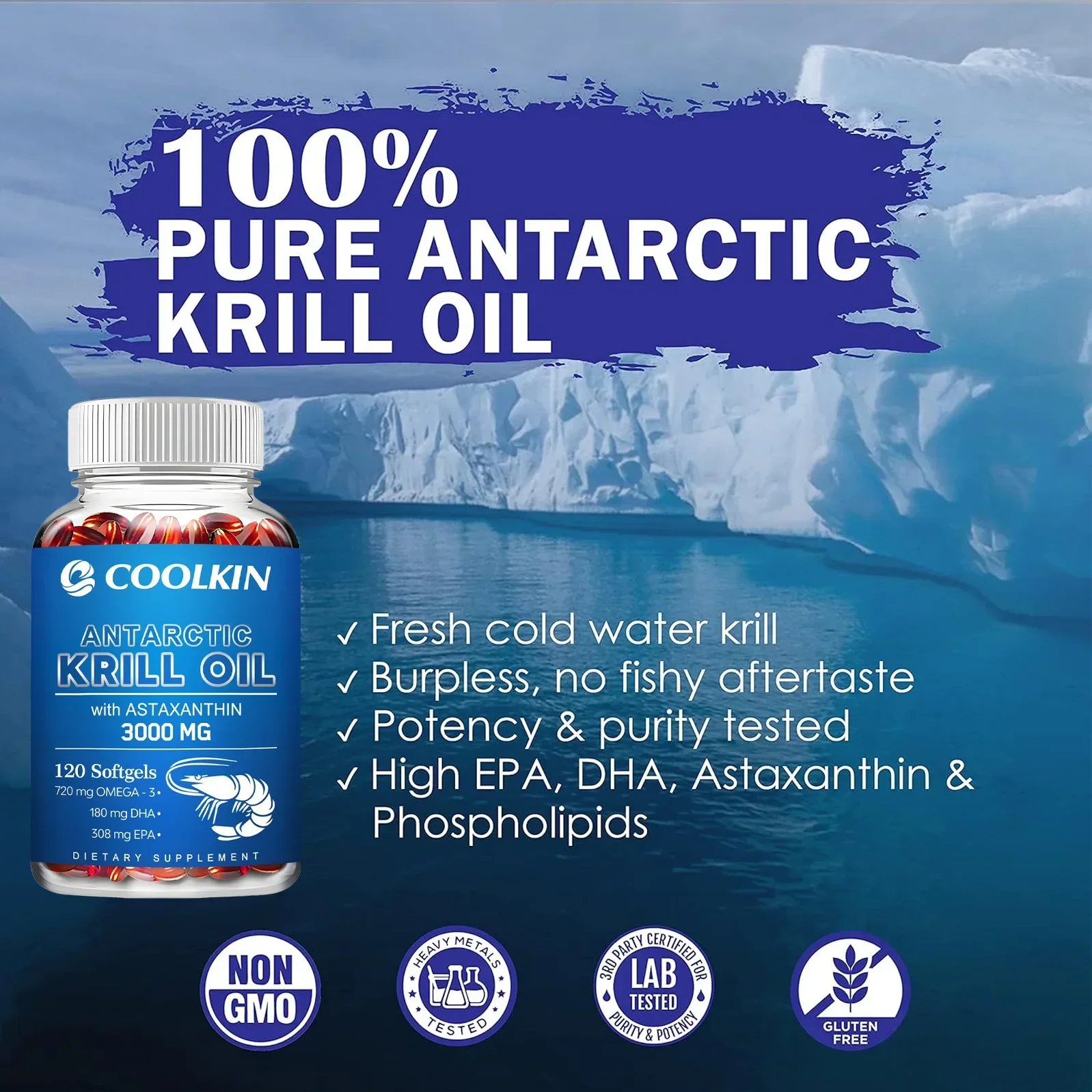 Antarctic Krill Oil 3000mg - with Omega-3 EPA, DHA, Astaxanthin and Phospholipids - Sustainable Dietary Supplement 3