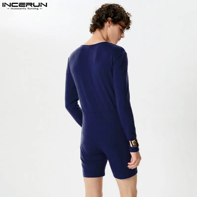 Men Bodysuits INCERUN Solid Color Skinny O-neck Long Sleeve Button Casual Leisure Playsuits Pajamas