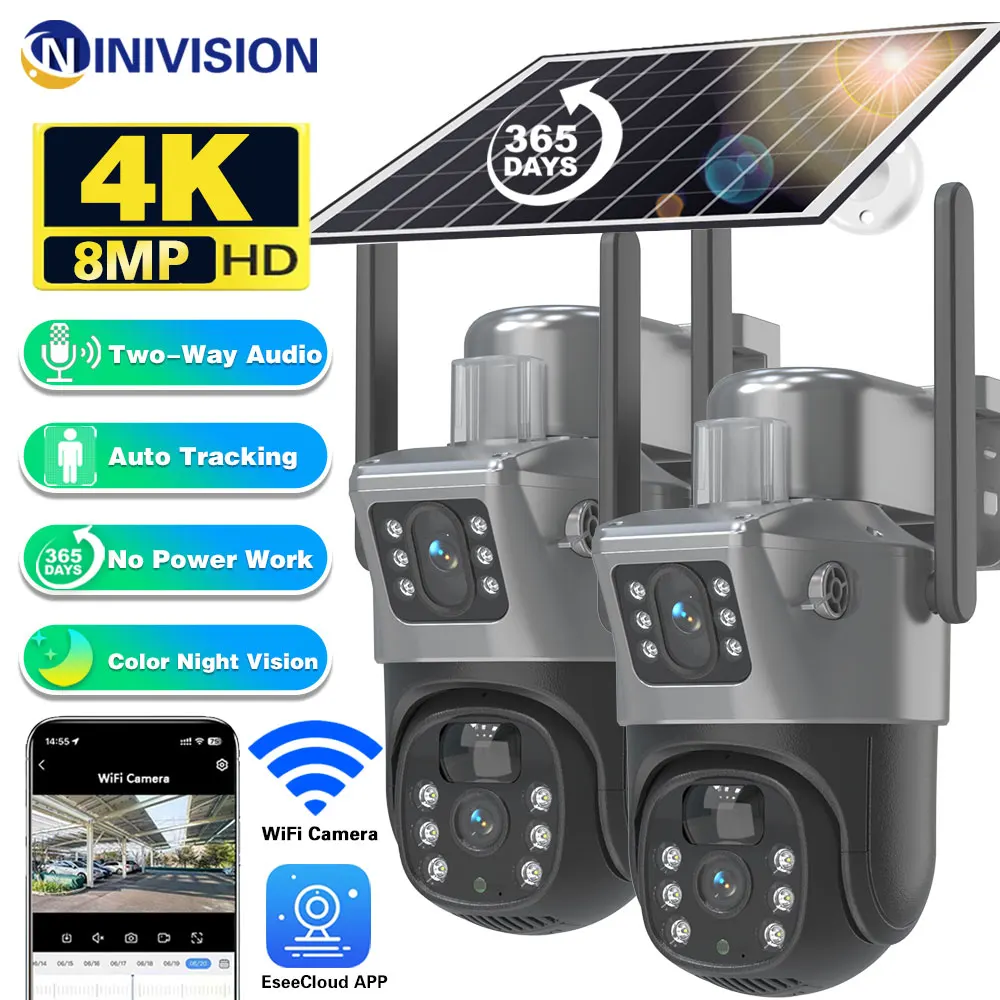 

8MP Zoom AI Tracking WIFI Solar Camera Dual Lens Battery Wireless IP Camera Outdoor Security PTZ Long Time Stand Surveillance 4K