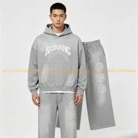 Ensemble sweat à capuche et pantalon gris délavé vintage, survêtement ample imprimé ARIRANG, streetwear décontracté pour le quotidien et le sport 4
