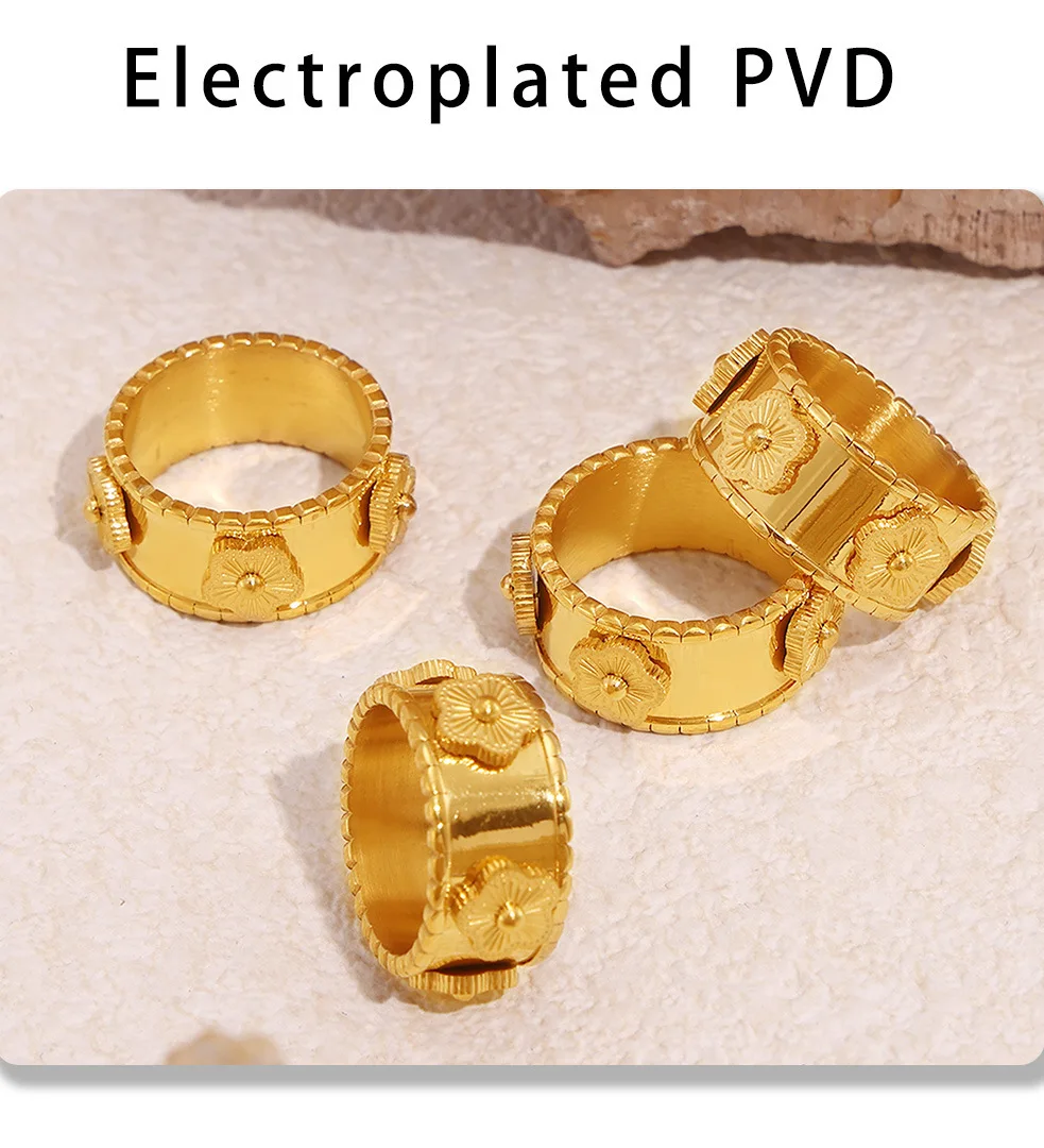 Passendes Armband-Ring-Set für Frauen, Blumenprägung, Edelstahl, wasserdicht, 18 Karat vergoldet, weiblicher Luxus-Schmuck im Großhandel – Detail 10