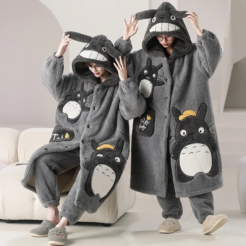 

Kigurumis Winter Pajamas Robes Women Men Thick Warm Plush Nightgown Fleece Long Gown Kawaii Cat Couples Nightdress Pijama suit