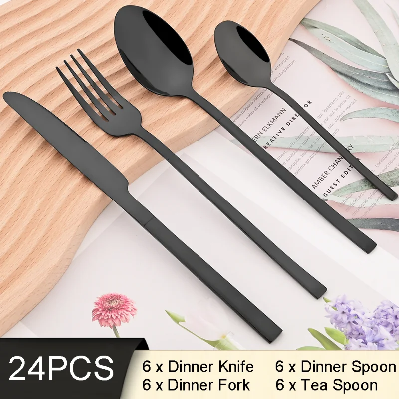 

6People Black Dinnerware Tableware Set Knife Fork Tea Spoon Cutlery Set Stainless Steel Flatware Western Home Kitchen Silverware