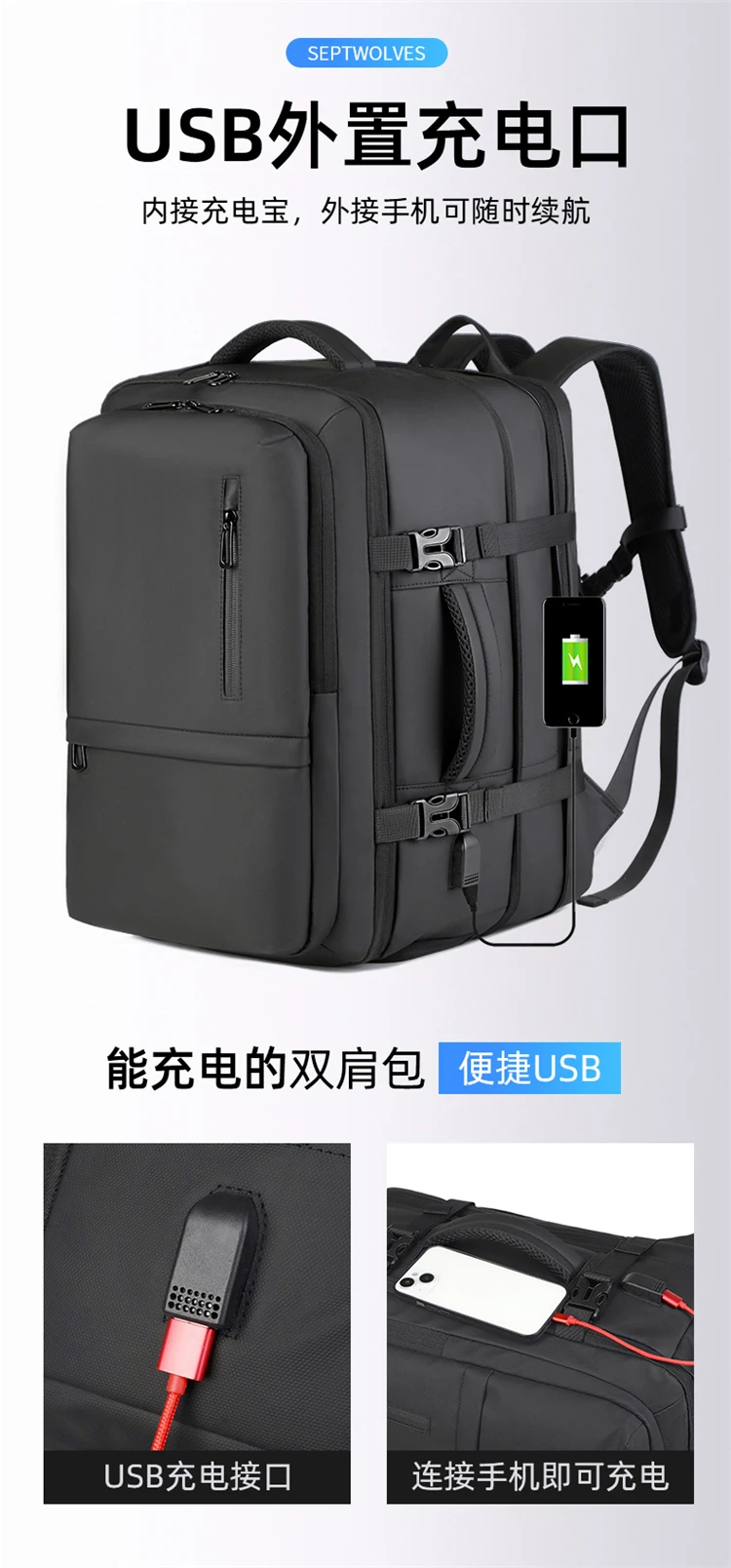 40L Business Casual Rucksack, Computertasche, Große Kapazität, Wasserabweisend, Erweiterbarer Reiserucksack mit USB-Ladeanschluss – Detail 10