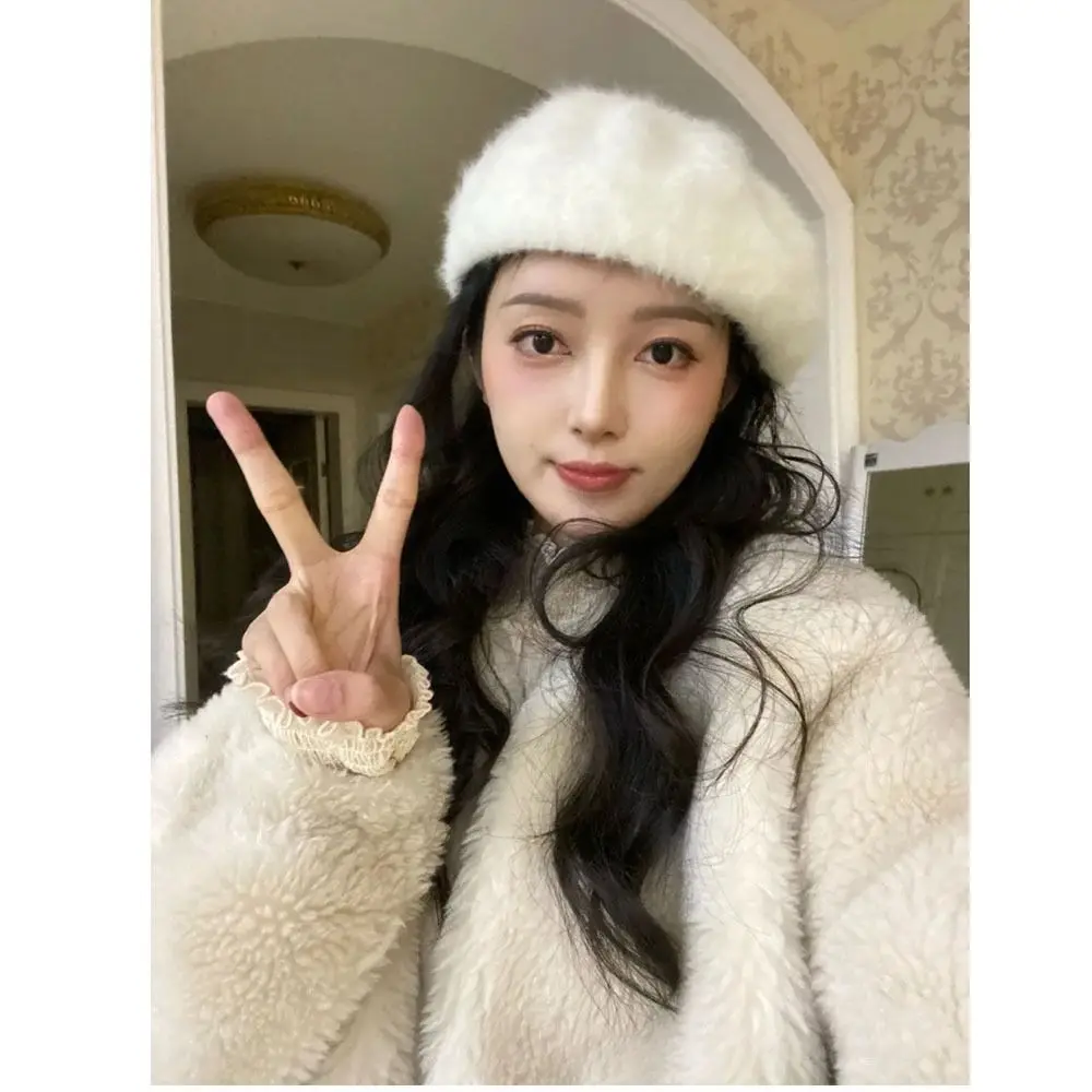 Beret Hat Warmer Plush Flat Hats Solid Color Thicken Autumn Winter Cap Clothes Accessories Panama Hat Warm Beanie Party Woolen Beret
