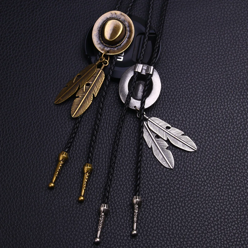 Vintage Cowboy Jazz Hat Alloy Bolo Tie Men Women Leather Rope Long Necklace Sweater Chain Shirts Accessories