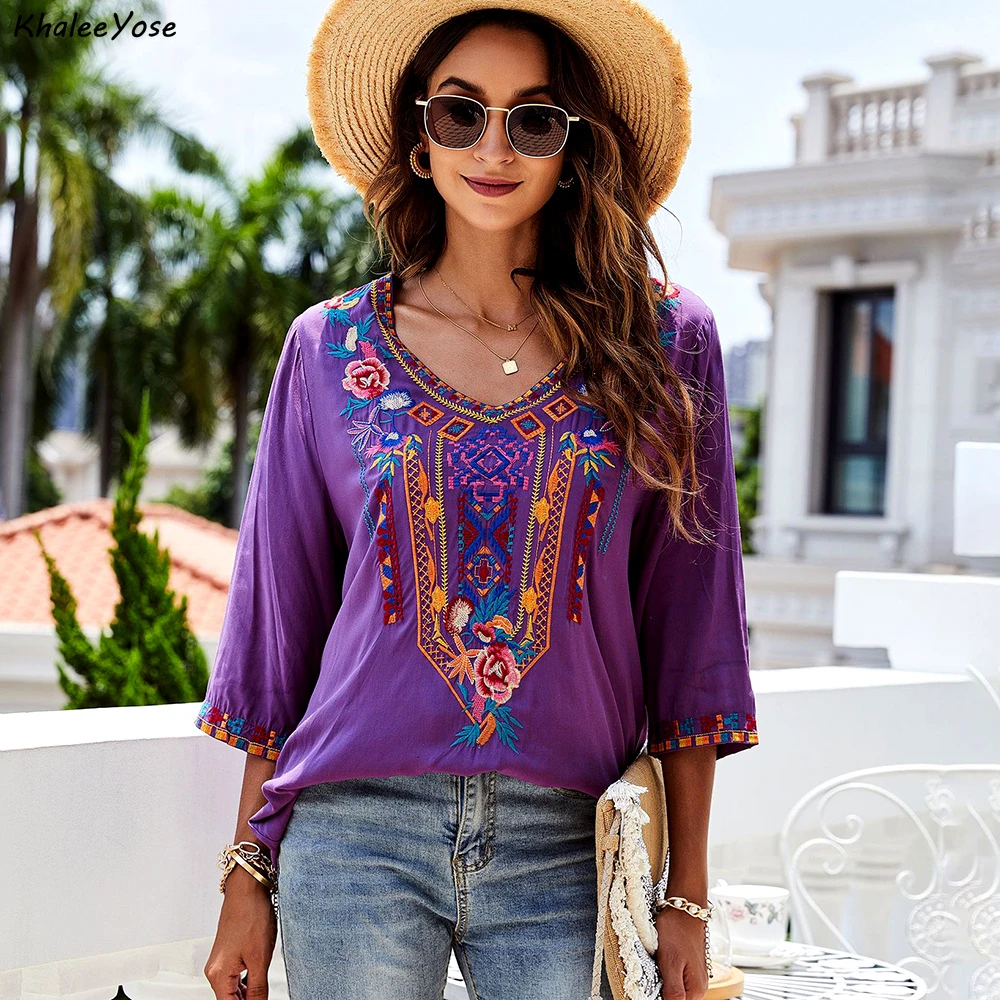 KHALEE YOSE blusa bordada estilo bohemio para mujer, camisa morada estilo Hippie, mexicana, étnico, Retro, Chic, para 2xl, 3xl|Blusa| - AliExpress