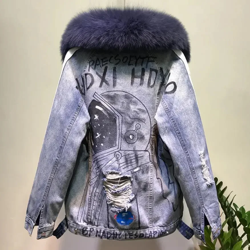 

Winter Graffiti Warm Real Natural Fox Fur coat + Rabbit Hair Liner Denim Jacket Female Hole design Outwear F2270