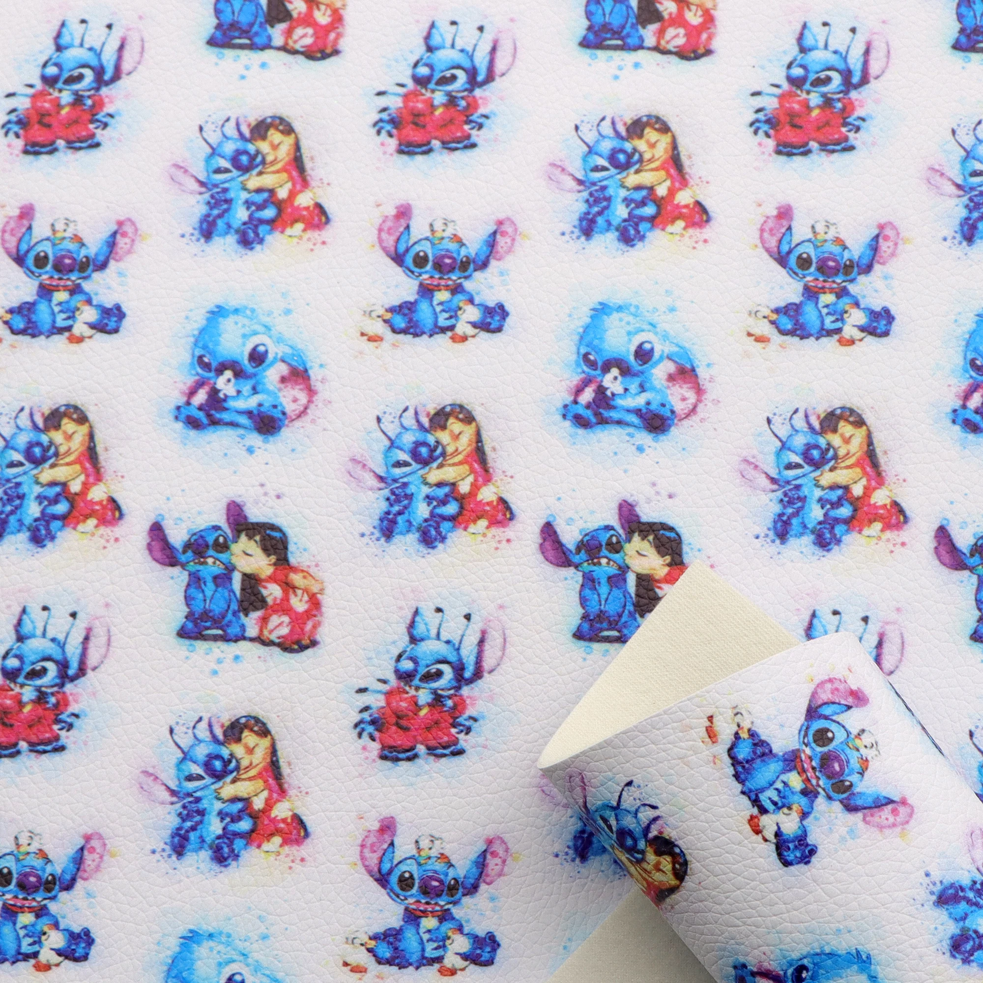 Cartoon Print Lychee Texture Faux Leather Sheet Lilo and Stitch Synthetic Leatherette Vinyl Fabric for DIY Accessories leather fabric,vinyl sewing fabric,vinyl fabric