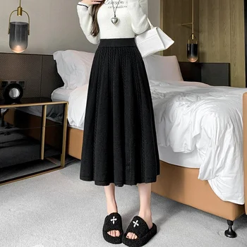 Ombrello grande sottile di media lunghezza da donna con gonna a pieghe lavorata a maglia di lana a vita alta autunno e inverno 1