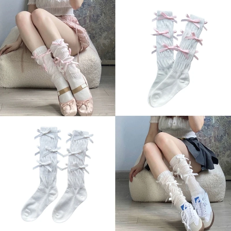 

Womens Solid Color Ribbed Bowknot Calf Socks Campus Style Socks Knee High Sock