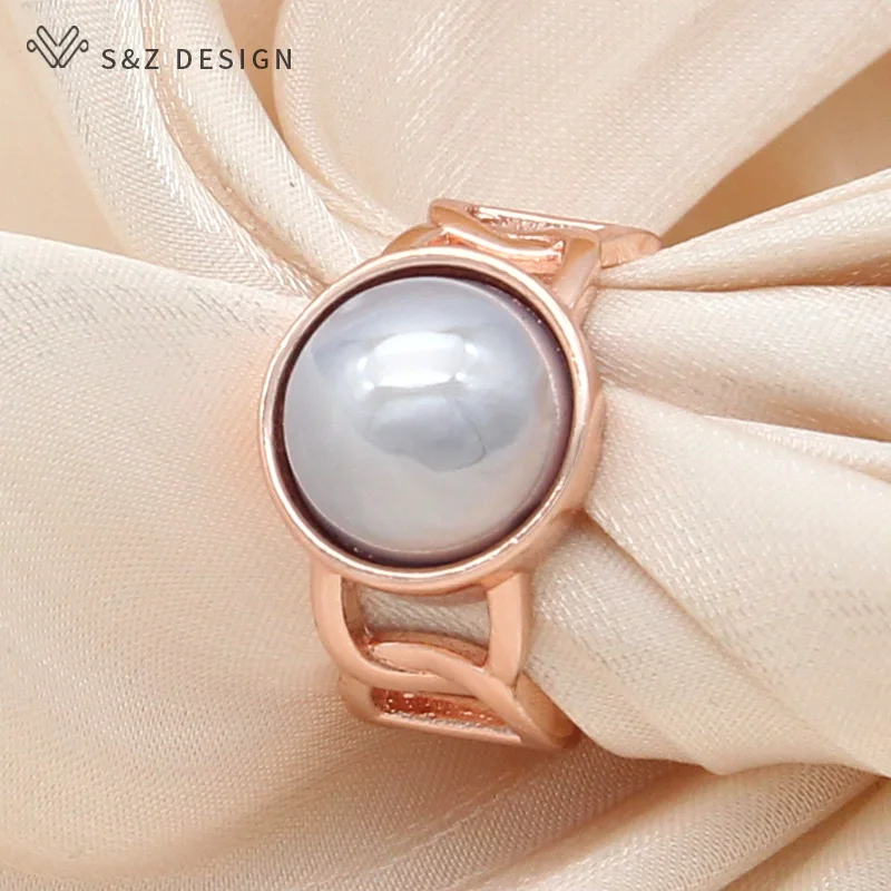 S&Z DESIGN New Fashion 585 Rose Gold Color Round Simulated-pearl Resizable Rings For Women Girl Wedding Party Jewelry Gift