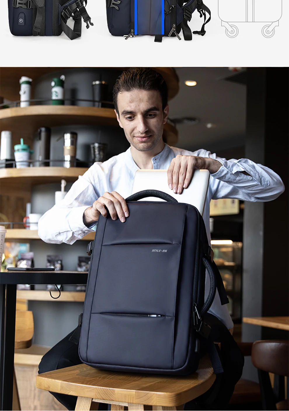HcanKcan Herren-Reiserucksack mit großer Kapazität, multifunktionaler Business-Rucksack, passend für 15,6-Zoll-Laptoptasche, wasserdichter Schul-Tagesrucksack – Detail 7